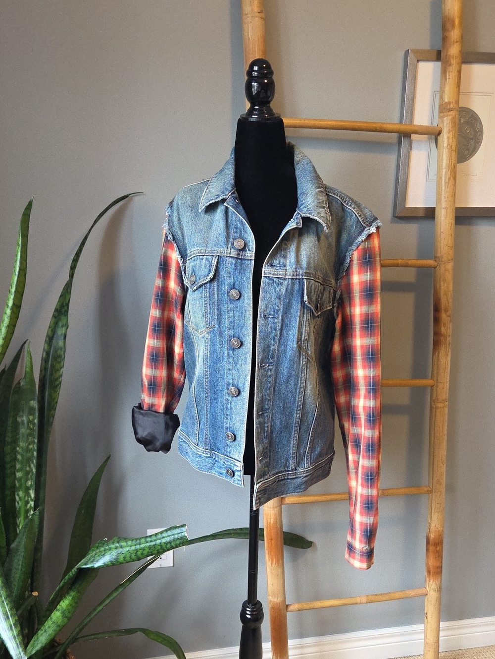 Denim & Plaid Sleeved Jacket - Blue Denim with Red Plaid Sleeves